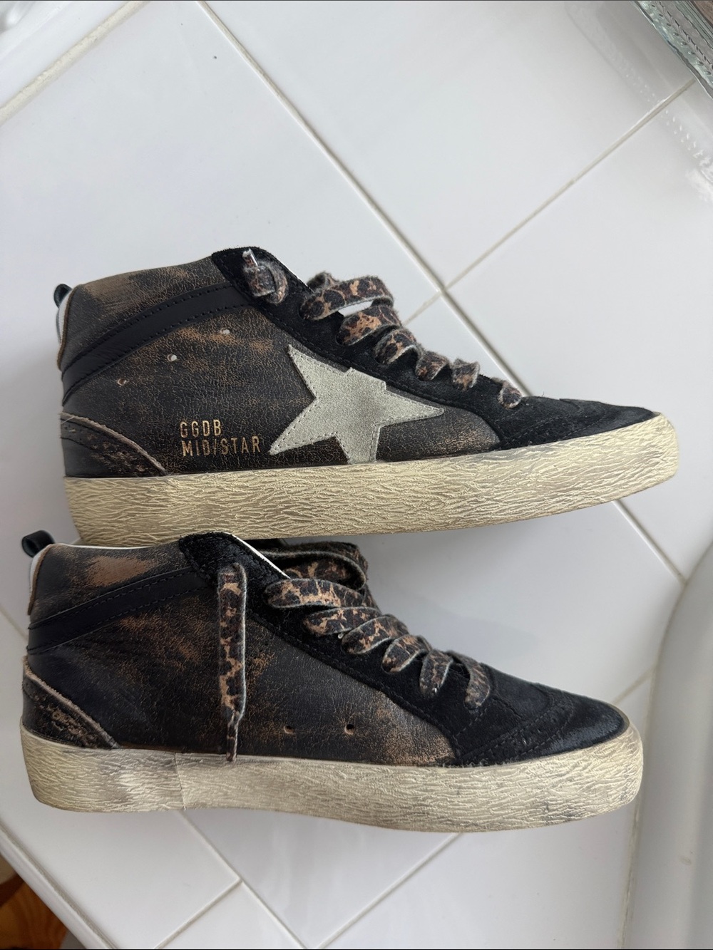 Golden Goose Black Suede Mid-Star High Tops with Leopard Accents